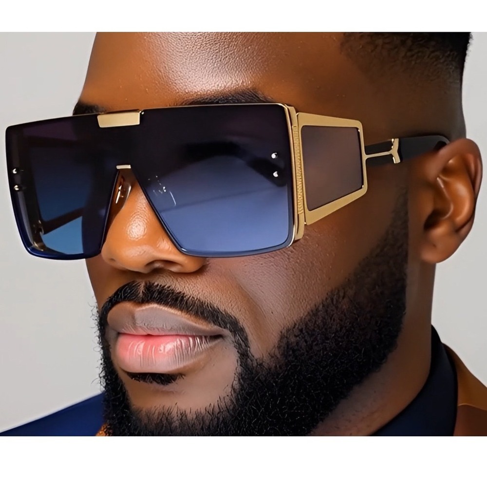 Sunglasses Men Blue Gradient Lens Oversized Rectangular Metal Hip Hop Cholo 2026